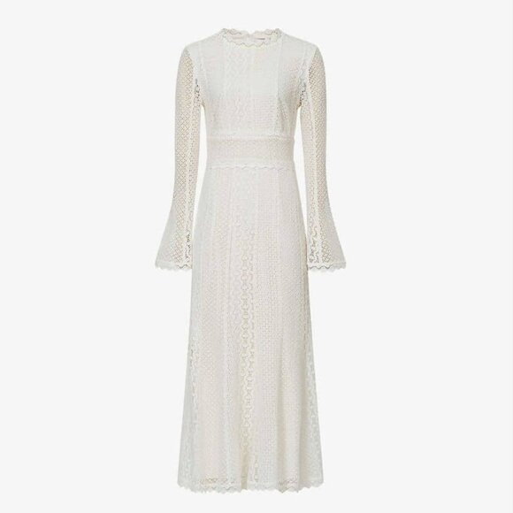 NWT Reiss Aspen Heavy Lace Midi Dress Sz 8 in White Bell Sleeves Cut-out Back - Picture 3 of 12